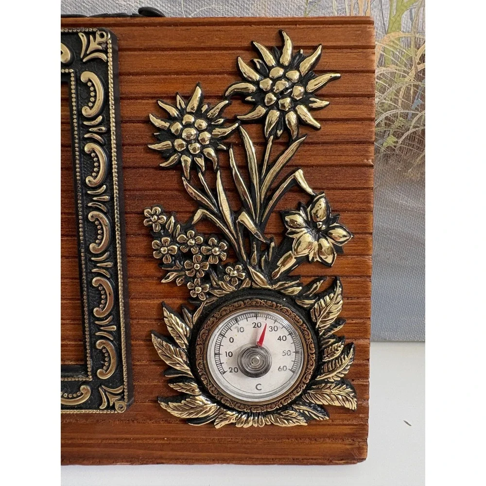 Vintage Alpine Wood Wall Plaque Key Rack Thermometer Edelweiss Lake Castle Decor